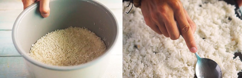 Gạo và nếp trộn đều, vo sạch, cho vào nồi cơm điện, thêm 1 muỗng canh dầu ăn, rồi bật nút nấu chín.