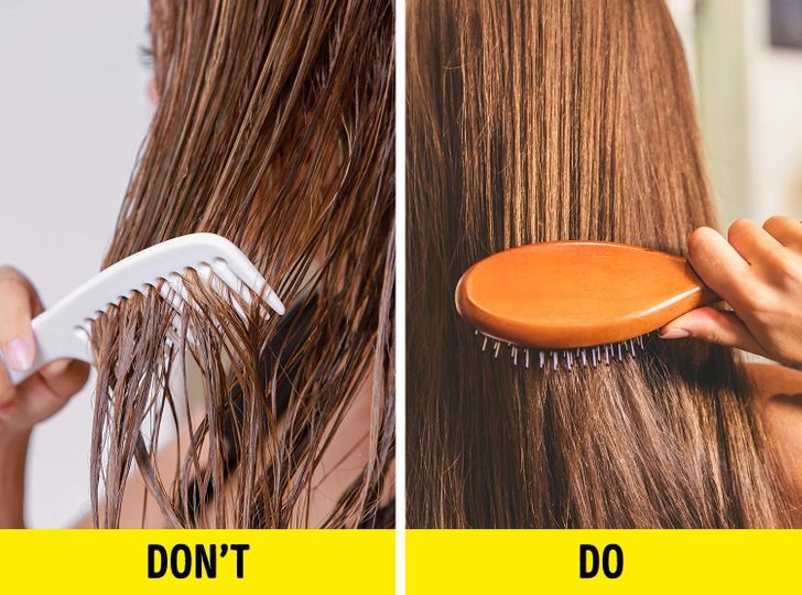 Sai lầm 8: Chải tóc khi tóc ướt Không có cách chải tóc khi tóc ướt không gây hư tổn vì khi tóc ướt là lúc tóc ở trạng thái yếu nhất. Chà tóc khô bằng khăn cũng có thể làm hỏng các sợi tóc của bạn. Cách tốt nhất để làm khô tóc một cách an toàn là vỗ nhẹ và để tóc khô tự nhiên.